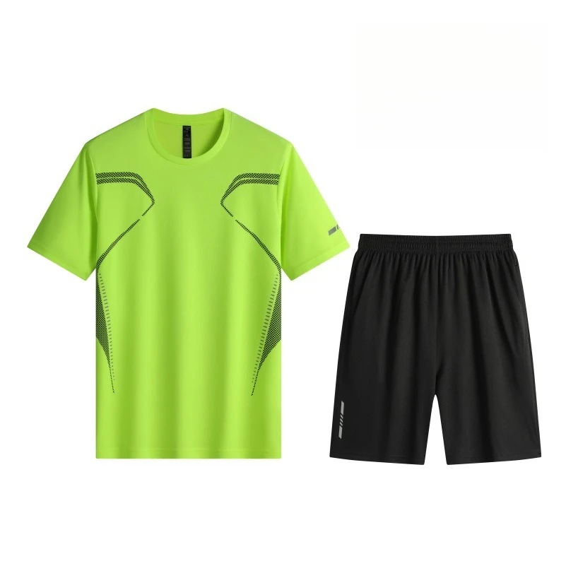 بدلة رياضية صيفية سريعة الجفاف للرجال مكونة من قطعتين تي شيرت فضفاض وقابل للتنفس بأكمام قصيرة للجري واللياقة البدنية شورت جيب أسود