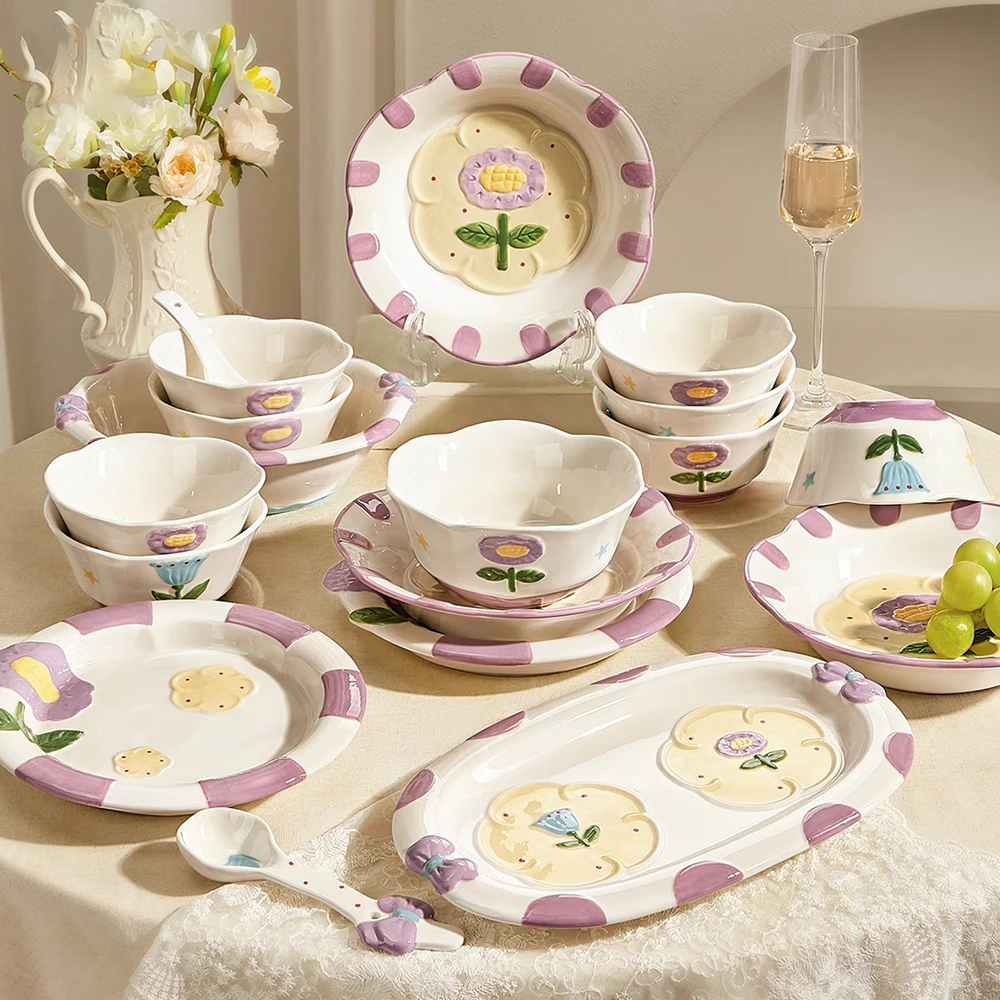 Exquisite Relief Flower Ceramic Plates Bowls Home Kitchen Dinnerware Purple Floral Porcelain Dinner Plate Salad Bowl Tableware