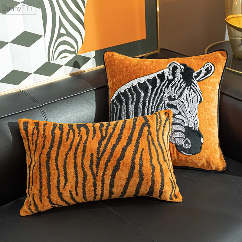 Luxury Orange Zebra Head Pattern Cushion Cover Sofa Modern Upholstery Geometric Pillow Case 45x45cm Embroidered Pillow Cover