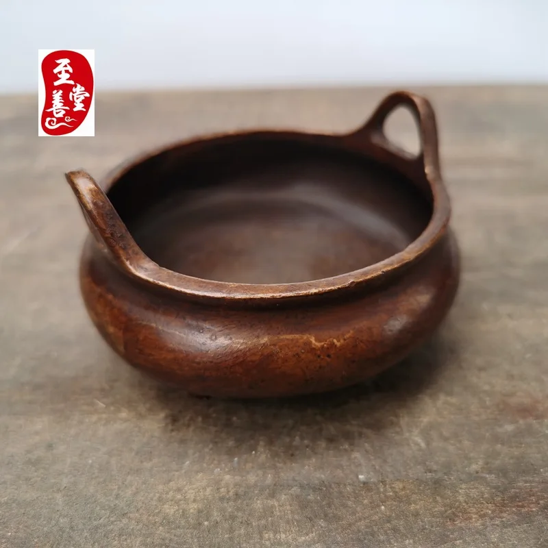Antique Collection: Old Patina Alloy Copper Living Room Decorative Ornament - Xuan De Double-Eared Incense Burner6x3CM