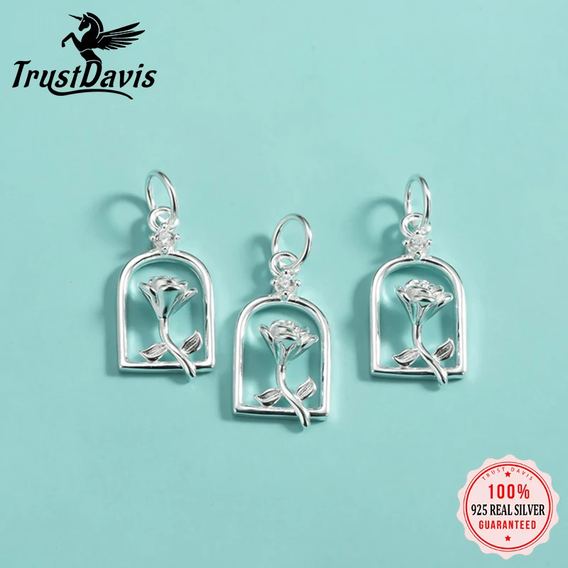 

TrustDavis New Real 925 Sterling Silver Fashion INS Rose in A Bottle Charm Pendant Handmade DIY Accessories Wholesale DZ1790