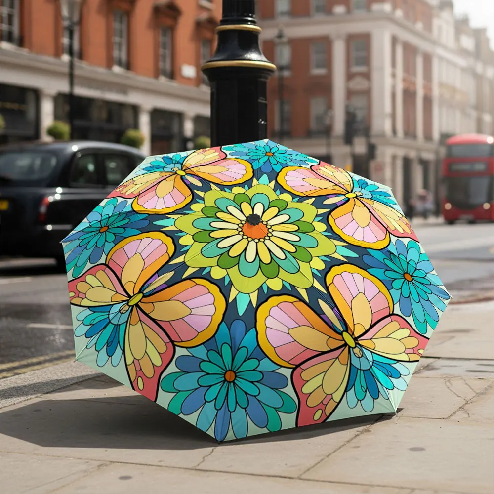 1P C Colorful Umbrella with Floral Pattern in Front of a Building Print 8 Iron Ribs Folding Umbrella Auto-Open Fashion Sunshade