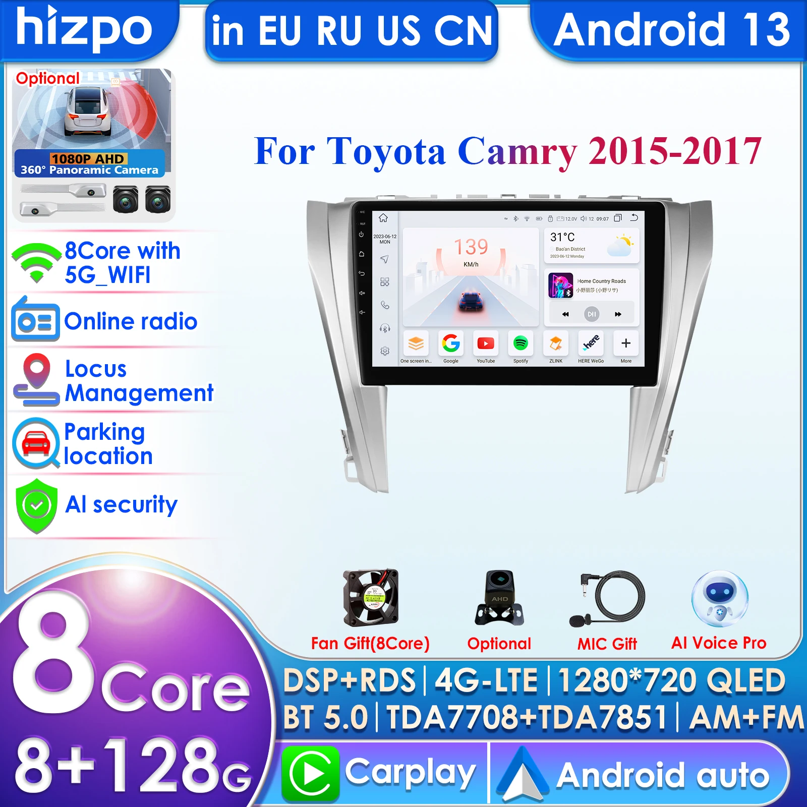 

8G+128G 4G Carplay 2din Android 13 Car Radio for Toyota Camry 2015 2016 2017 Auto Multimedia Players Navigation GPS Head Unit BT