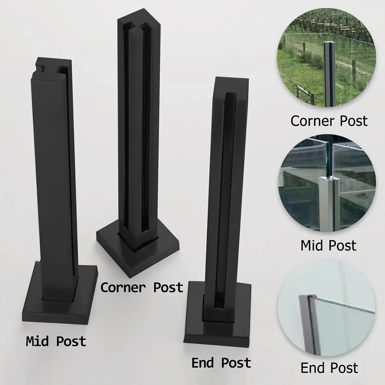 Garden Deck Stairway Fencing Clamp Posts Black Deck Railing Spindles, Balcony Patio Glass Fence Column for 8-12MM Glass, Outdoor
