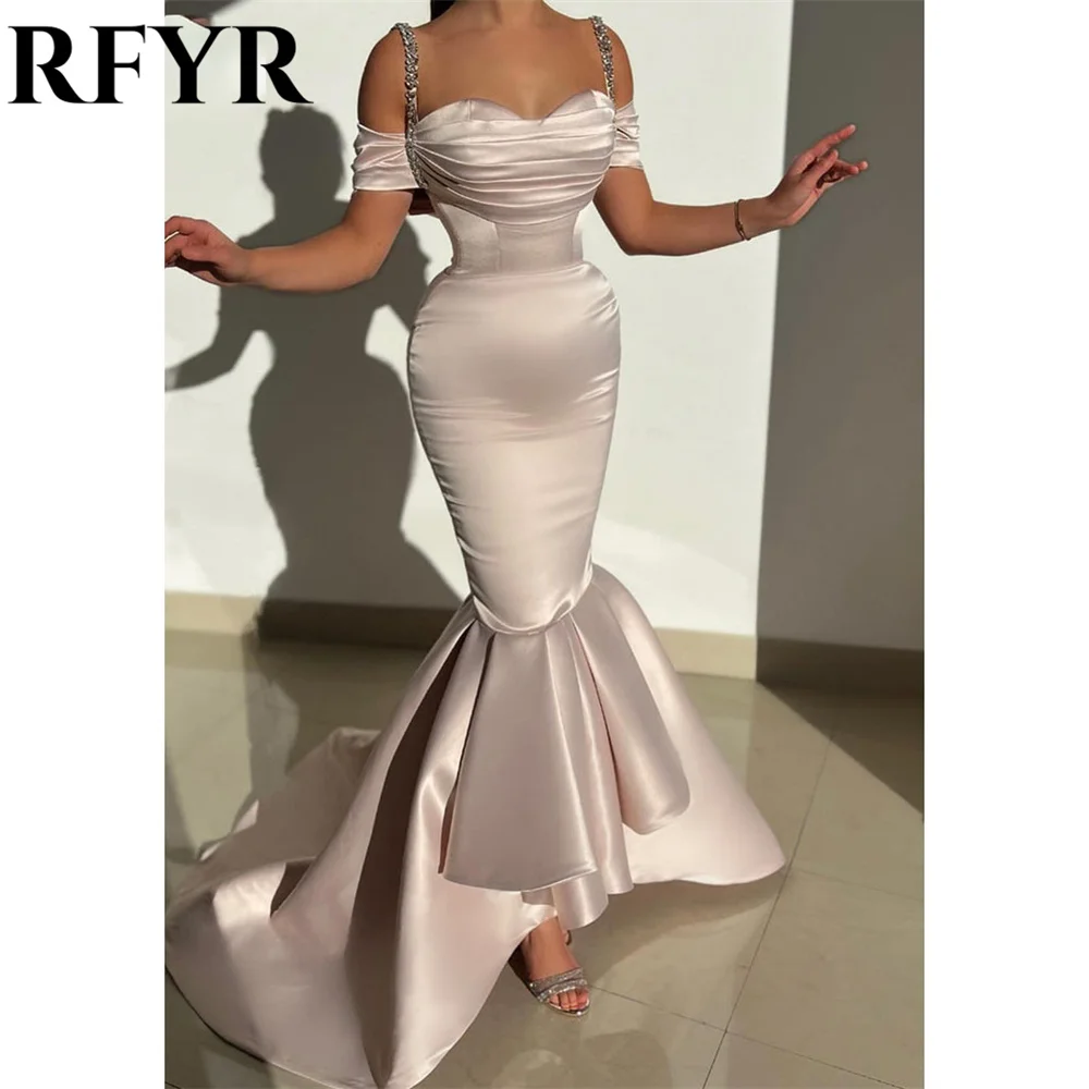 

RFYR Mermaid Sweetheart Women Evening Dress Simple Off the Shoulder Pleats Satin Long Trumpet Prom Formal Gowns Dress Customized