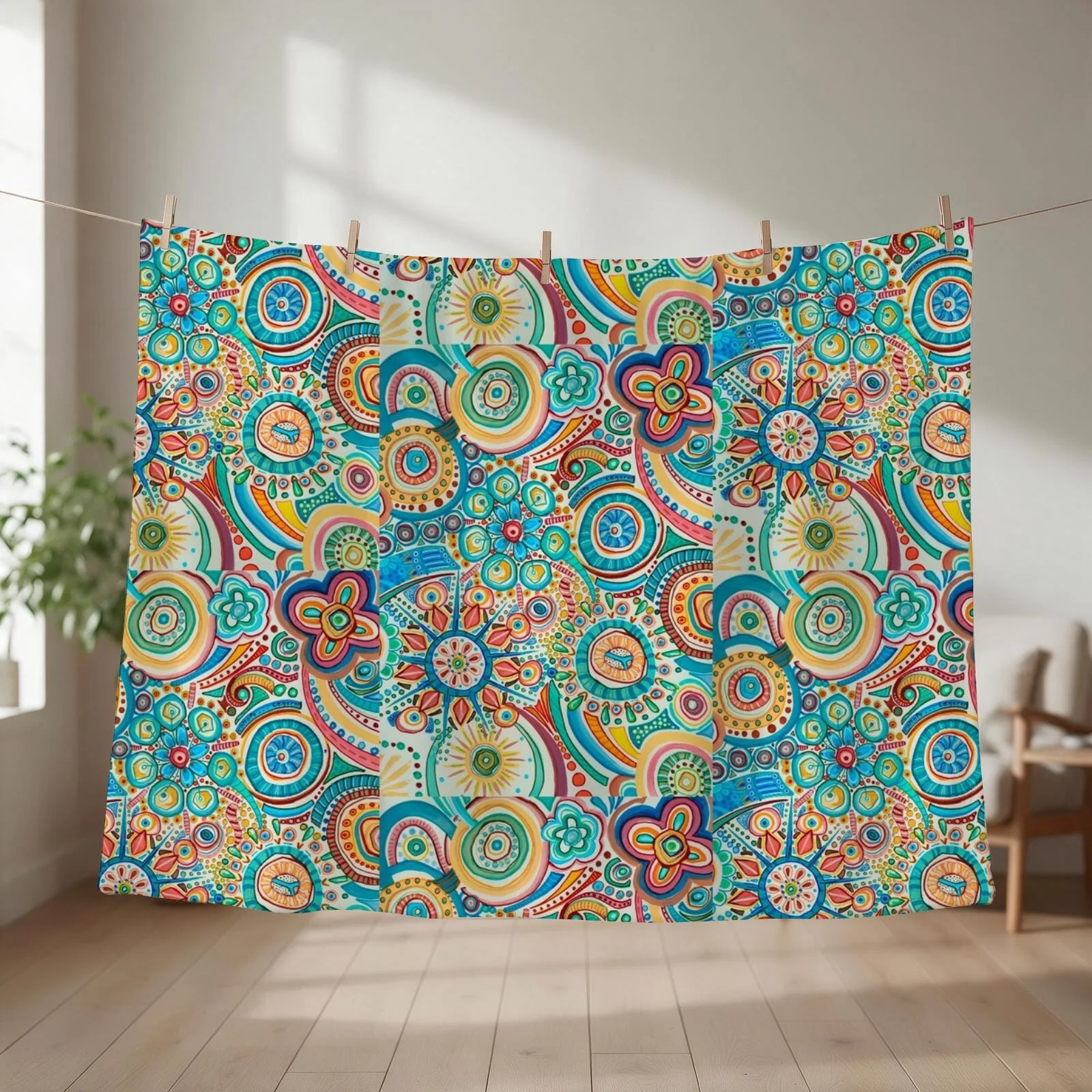 Joy with flowers, stars, blue, yellow, green, orange, red mandala Throw Blanket