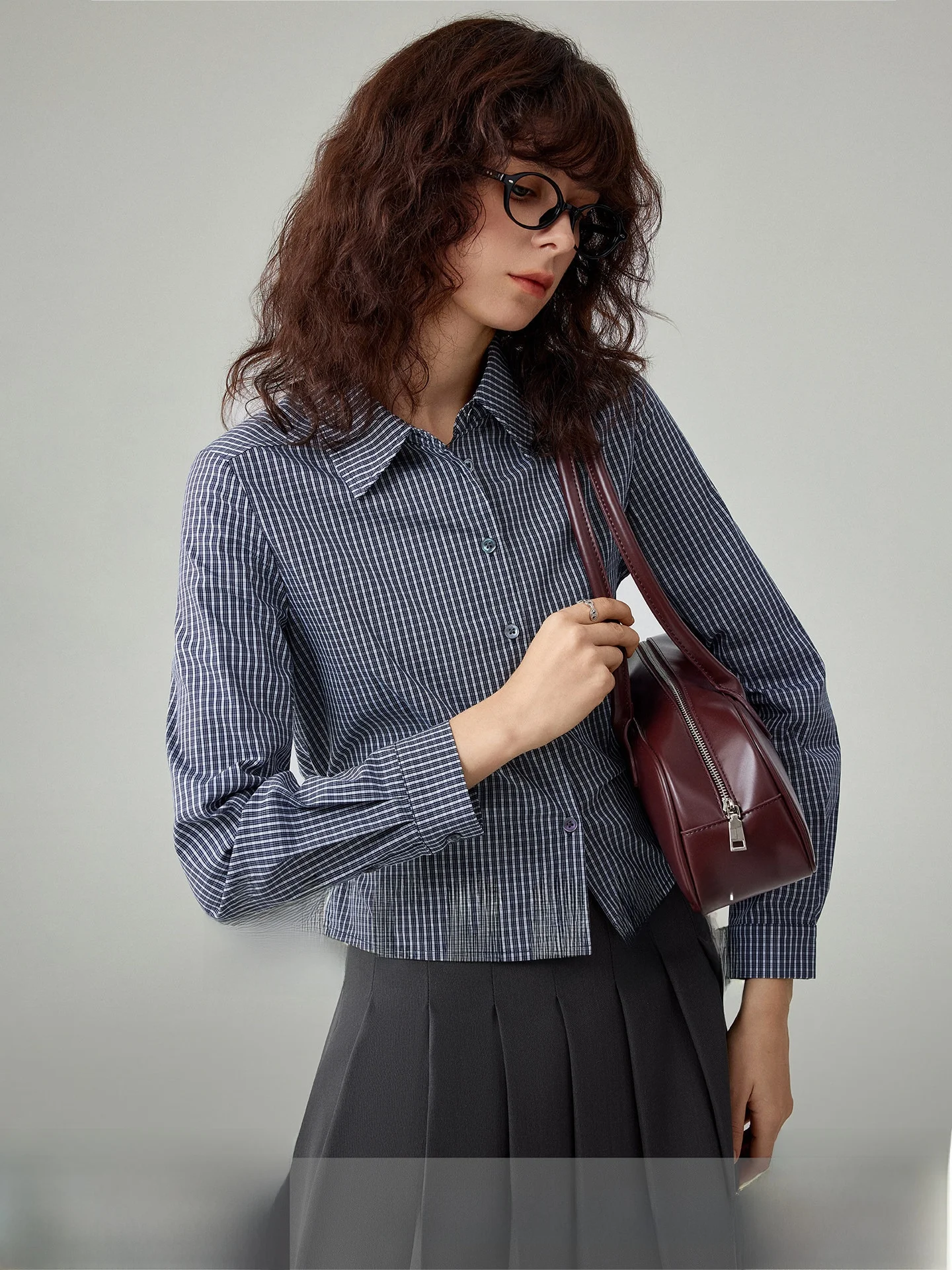 

Yake Home Madrid Fsy Plaid irt Women's Ele College Sle Blue White Cheered Top Waist-Cinching Long Sve Flip C...