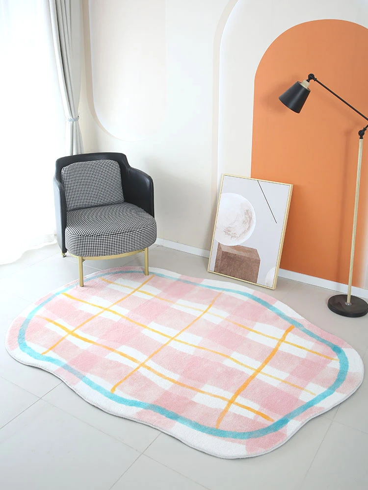 

Irregular Living Room Large Area Carpets Pink Plaid Bedroom Bedside Carpet Cute Children Girl Room Rugs Plush Soft Cloakroom Rug