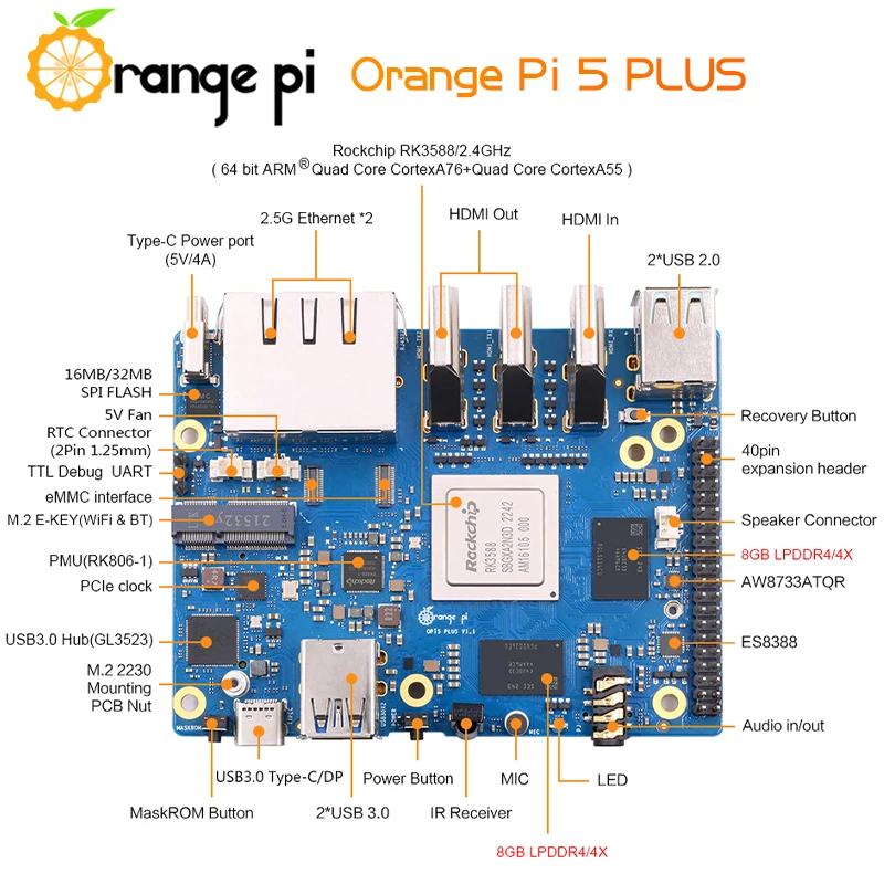 Imagem -03 - Laranja pi Plus 4gb 8gb 16gb Ram Rockchip Rk3588 2.5g Ethernet Dupla Caixa Acrílica Dissipadores de Cobre