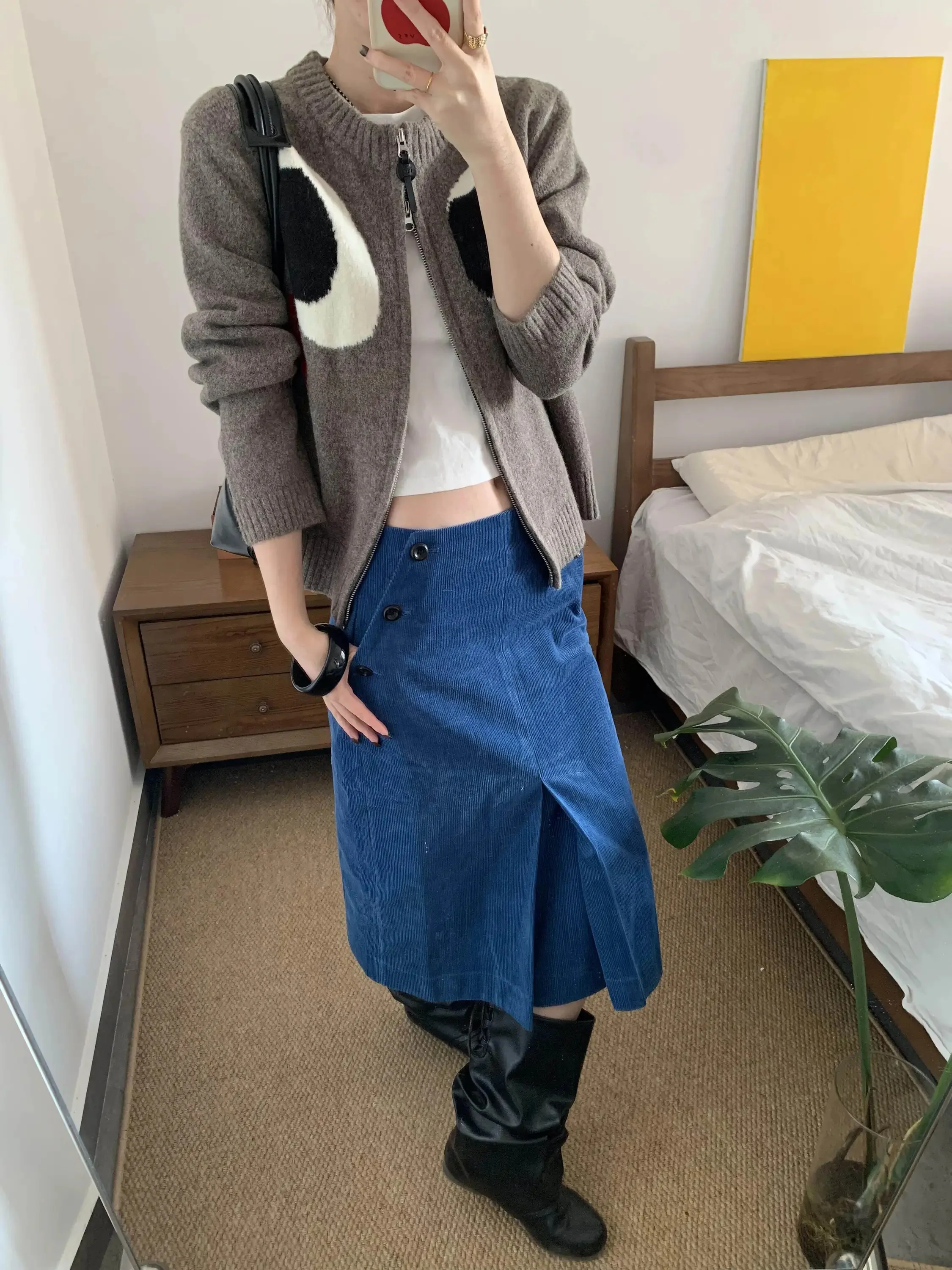 Retro Baby Blue Low Waist Straight Cut Pleated Button Corduroy Midi Skirt Women's Autumn Winter New Style City Commute Casual...