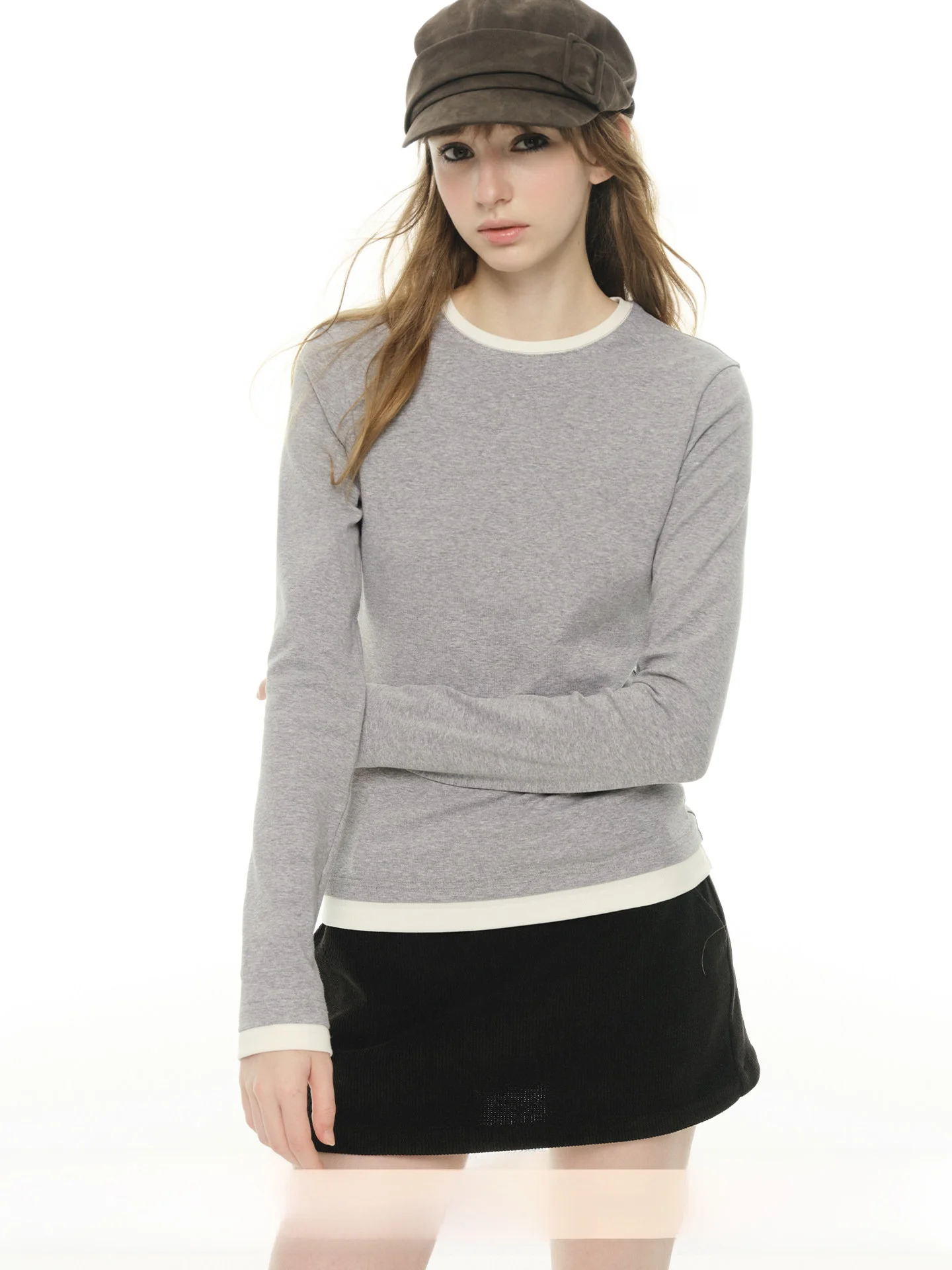 

UNRETRO Simple Knitted Long Sve T-irt Women's round Ne Slim Fit Base Layer Top Color Blo Fake Two-Piece Commute Sle