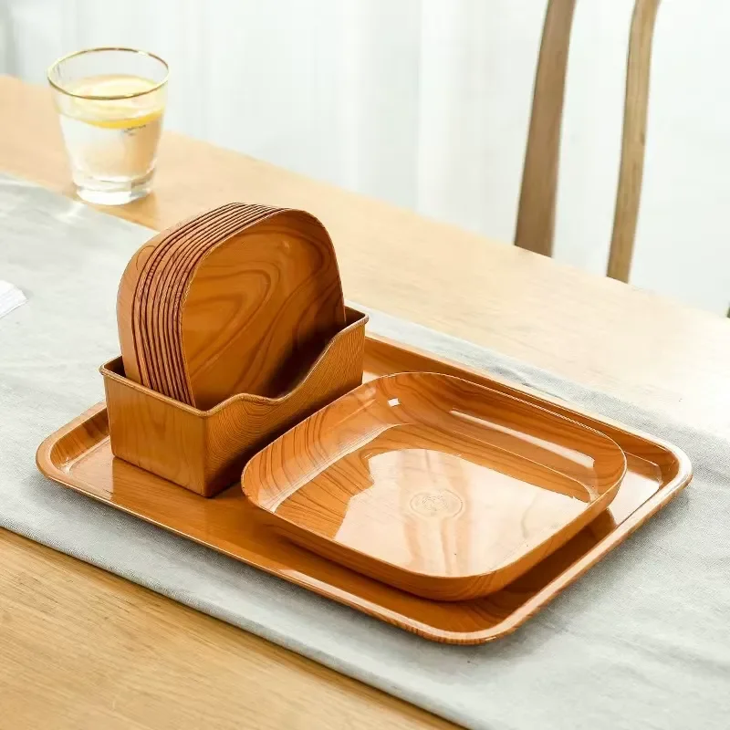 Imitation Wood Plastic Snack Plate Set for Cake Fruit Sushi Breakfast Dried Fruit Bone Disposal Tableware