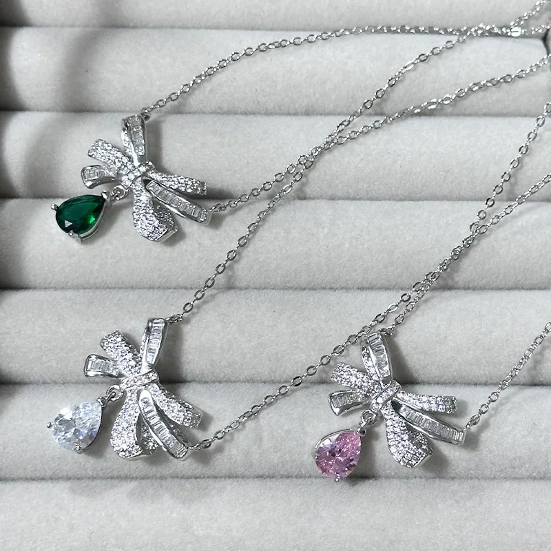 

MDL Moissa!ite Style Vintage Bow Necklace Faux Tourmaline Temperament Premium Wedding Pendant