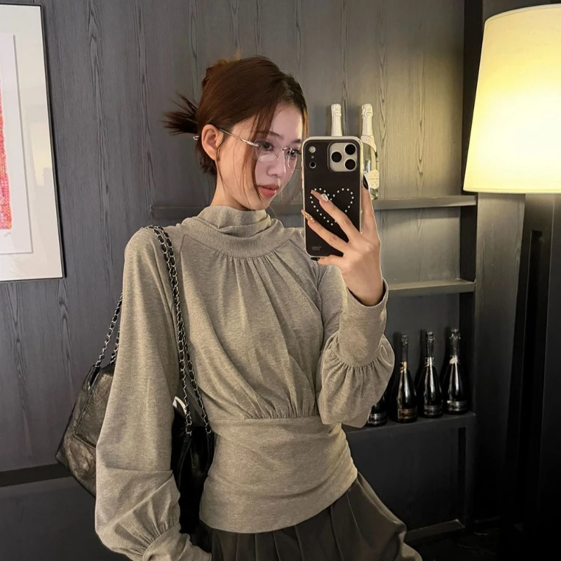Bow Long Sleeve Personalized Streetwear Women Clothing Minority Unique Ruched Slim Waist Shirt Korea Chic Ins Casual Top