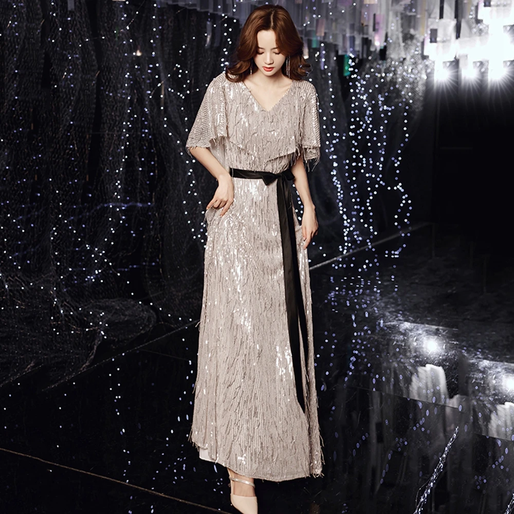 Evening Dress V-Neck Sequin Party Dresses Women Evening A-LINE Party Dress Customized