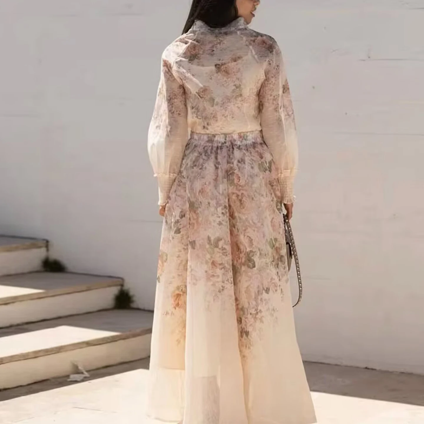 花柄プリント長袖シャツとハーフスカートセット レディースファッション ボタンアップネックライン服 秋 2025 Zブランド