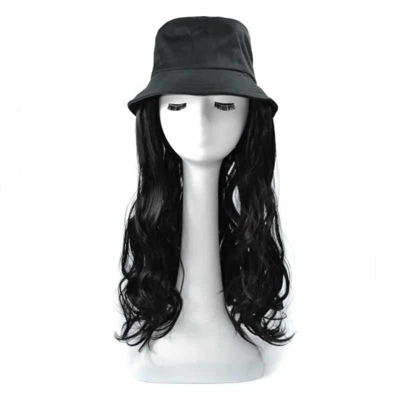 24 Inch Synthetic Wig Bucket Hat Hair Extension Hat One-piece Women\'s Black Brown Big Wave Adjustable Daily Wear Natural