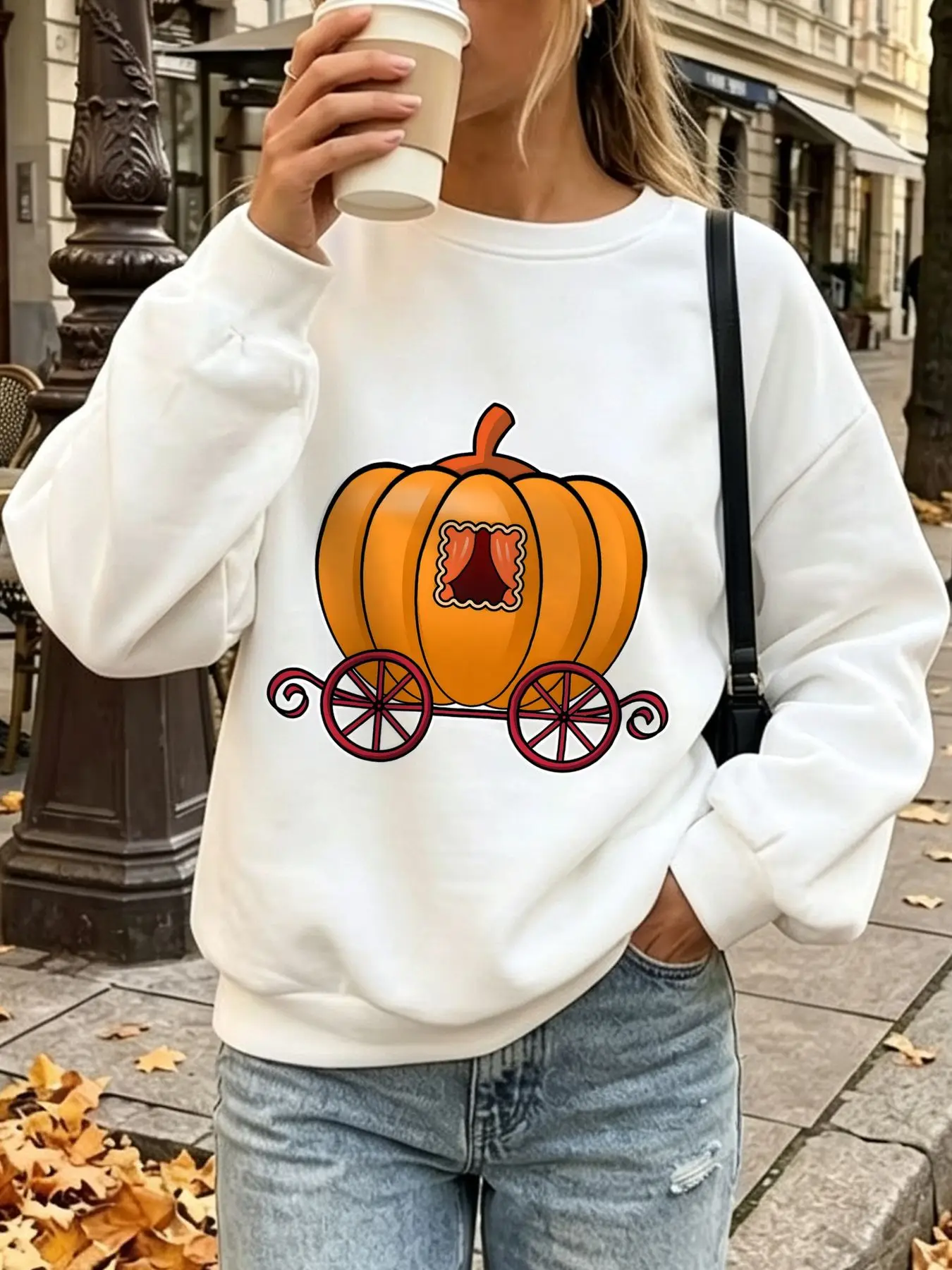 Women Cartoon Pumpkin Carriage Graphic Crewneck Sweatshirt Oversized Long Sleeve Fleece Pullover Fall Fairy Tale Pumpkin Print Halloween Casual Streetwear Tops