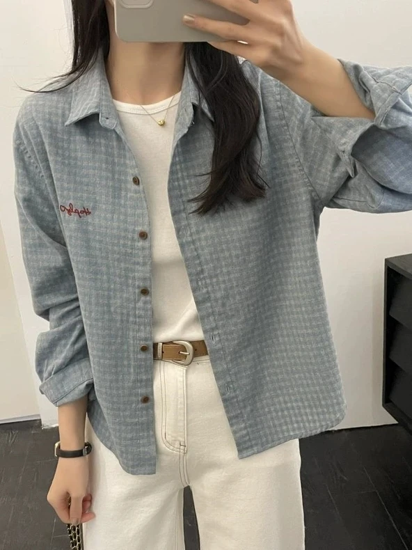 

Повседневная свободная рубашка в клетку для женщин, нейтральная, простая, с вышивкой, с надписью, многослойная, с длинными рукавами, удобная, дышащая