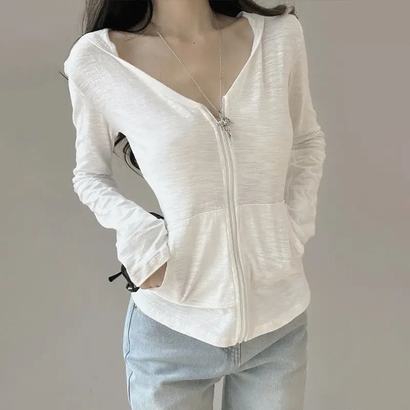 Women White Zip Up Hoodie Deep V Neck Long Sleeve Lightweight Slub Cardigan Y2k Slim Fit Casual Summer 2026