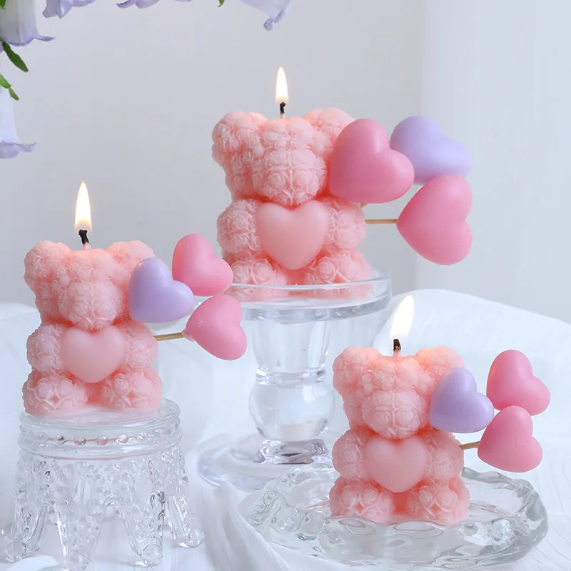Pink Heart-shaped Rose Bear Scented Candle Table, Sweet Persimmon Light Fragrance Atmosphere Decoration, Festival Birthday Gift