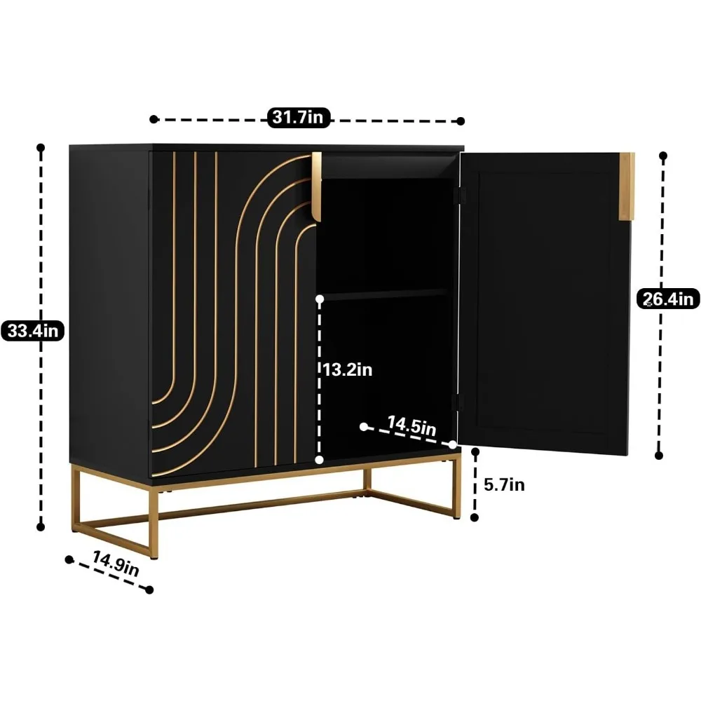 Two Door Woodgrain Decorative Cabinet with Gold Metal Legs Storage Cabinet Sideboard, Black