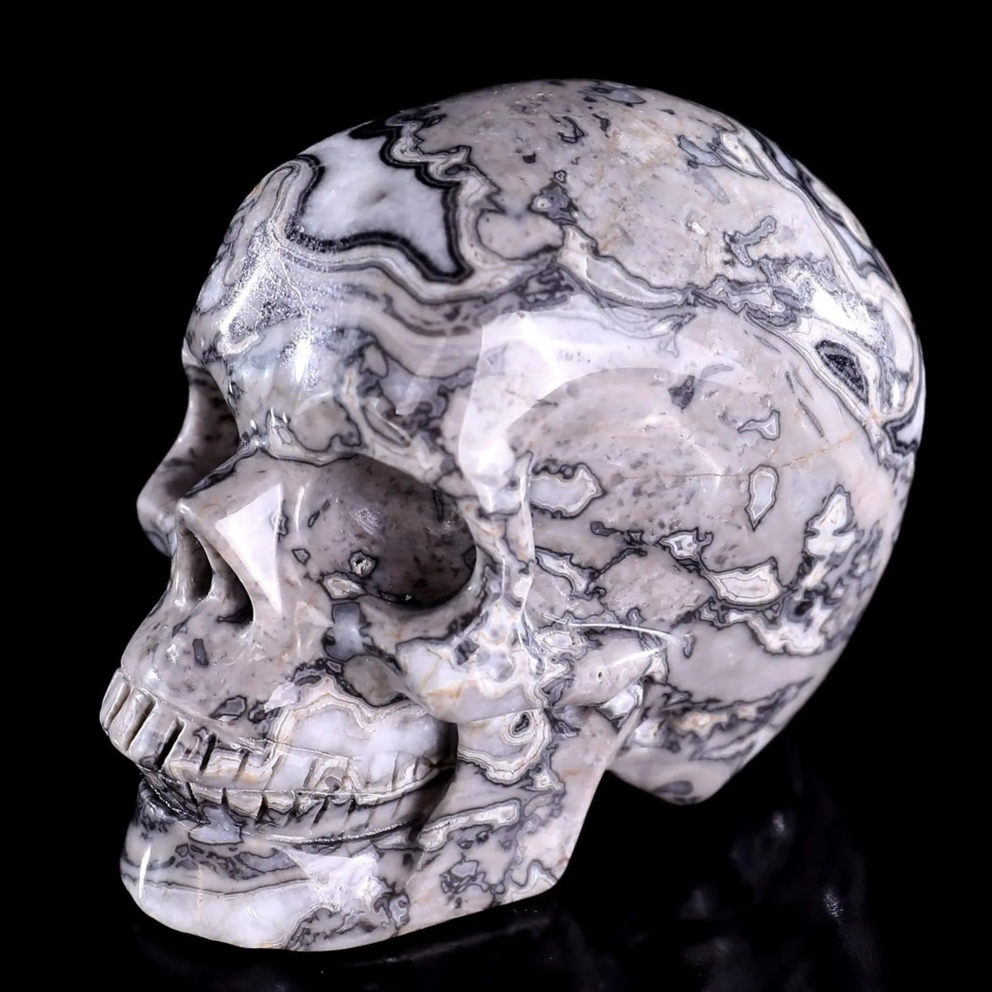 Natural Black Crazy Agate Crystal Skull Sculpture for Home Desktop Display Decor Stone Collection Holiday Gift Giving