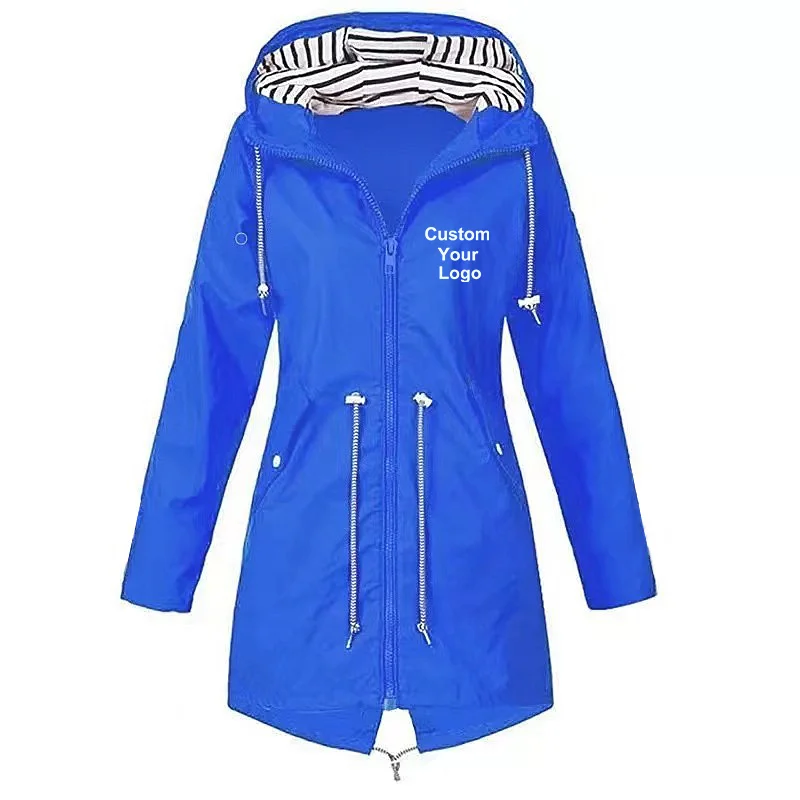 Autumn Winter Women's Custom Your Logo Raincoat Waterproof Jacket Outdoor Climbing Hooded Coat Windbreaker Long Hooded Coat
