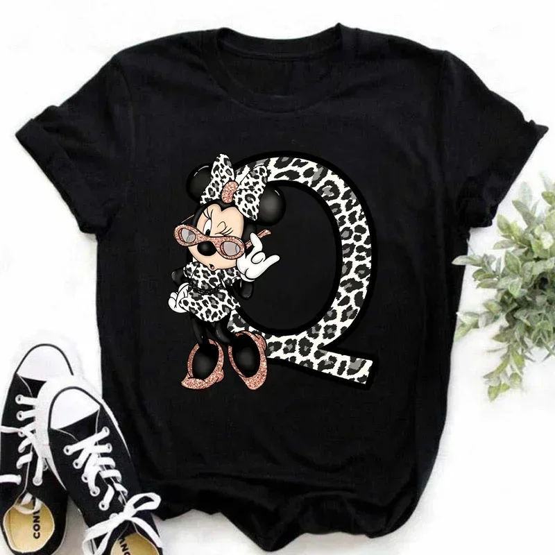 Minnie Mouse Disney A-Z 26 English Letters Children T-shirts Casual Harajuku Print O-neck Short Sleeve Summer Girl Tee Shirt