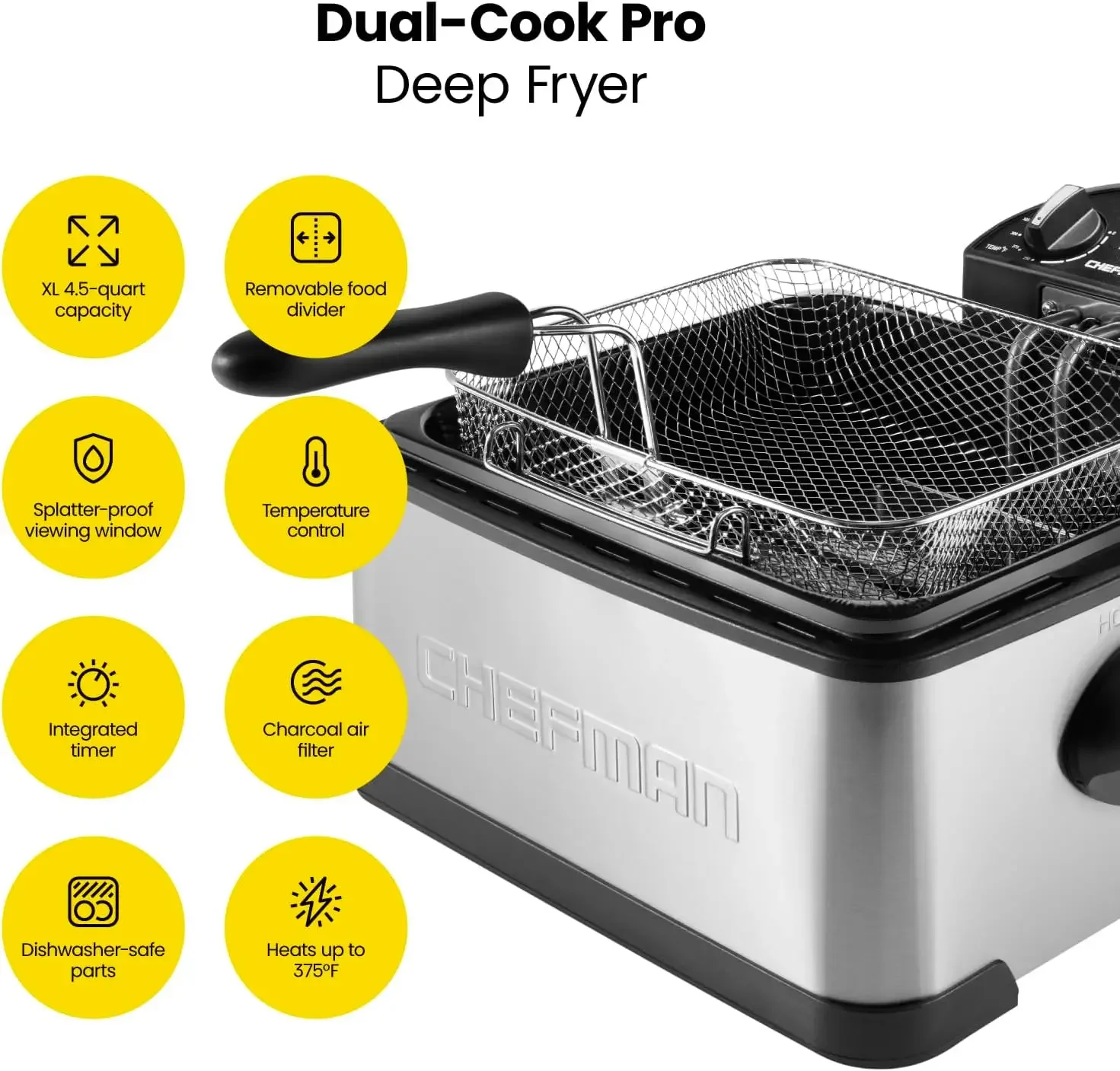 NEW 4.5L Dual Cook Pro Deep Fryer with Basket Strainer and Removable Divider, Jumbo XL Size, Adjustable Temp & Timer