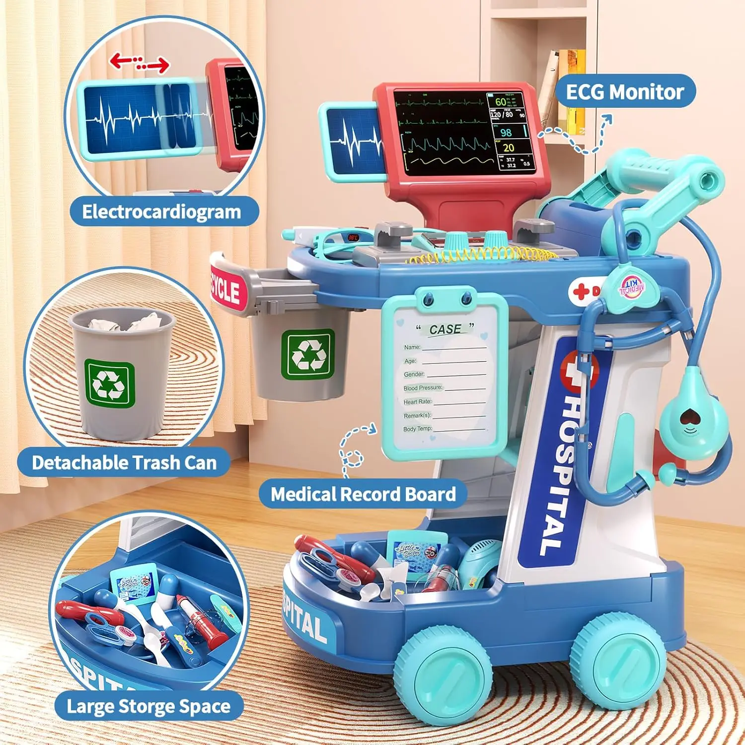 Doctor Cart Toy Pretend Play Medical Station Set with Mobile Cart Lights Stethoscope Doctor Role Play Toys for Kid Boys Girls 3+