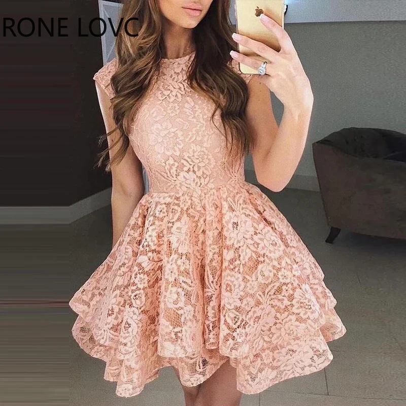 

Women Elegant Solid Lace Round Neck Mini Short Sleeves A Line Dresses