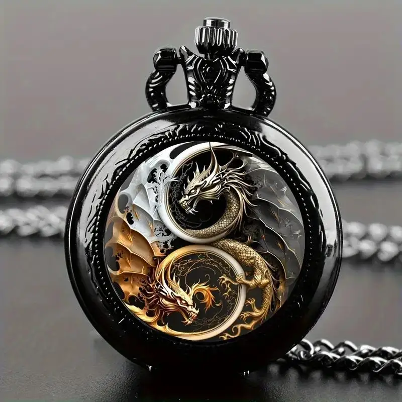 Orologio da tasca al quarzo con doppio drago rosso con vetro di cristallo-orologio Majestic Dragon