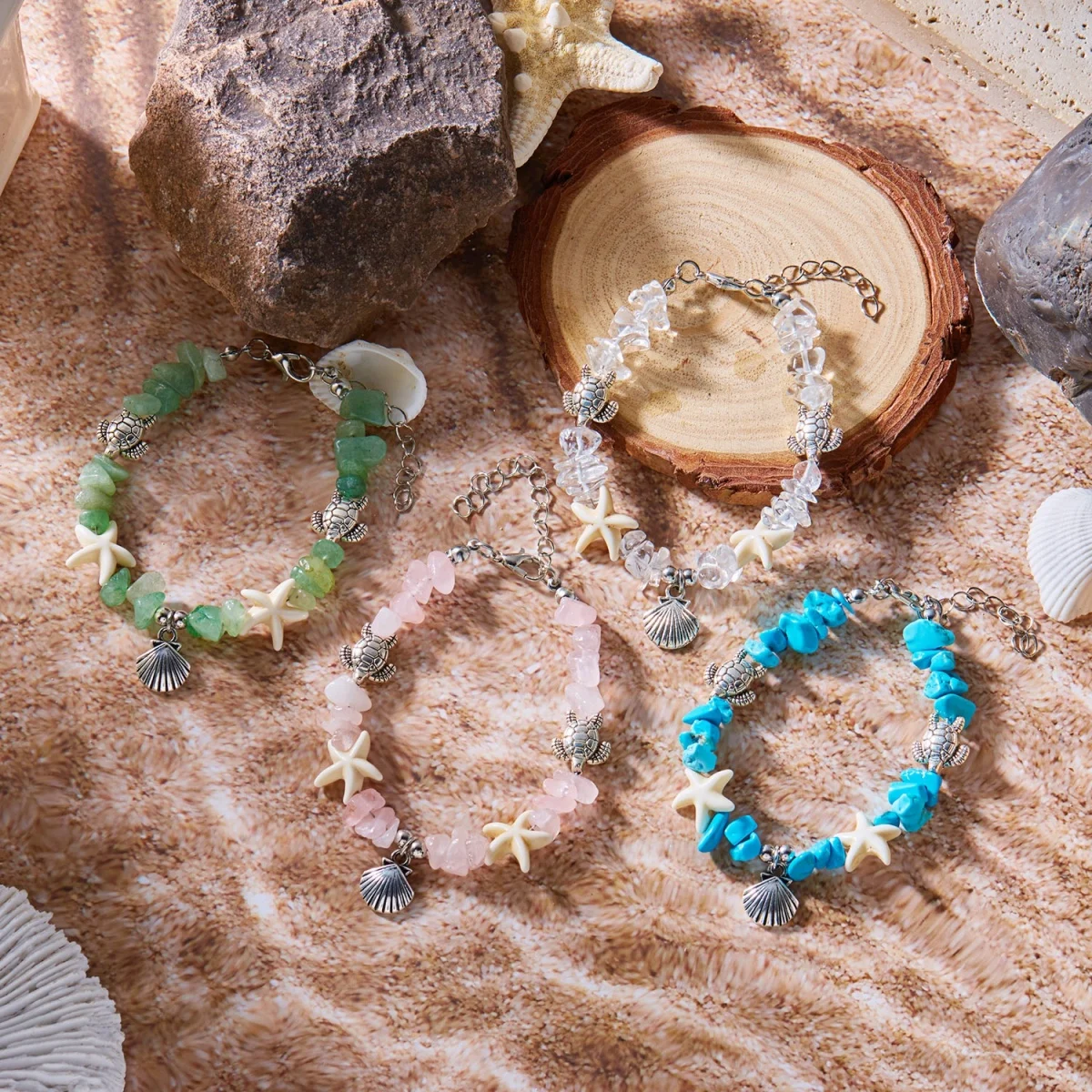 Boho-Armbänder mit zerstoßenen Steinen, Muscheln, Seesternen und Schildkröten für Damen und Herren, Sommer, Strandurlaub, Ozean, Meerestiere, Armreif, Partyschmuck – Detail 4