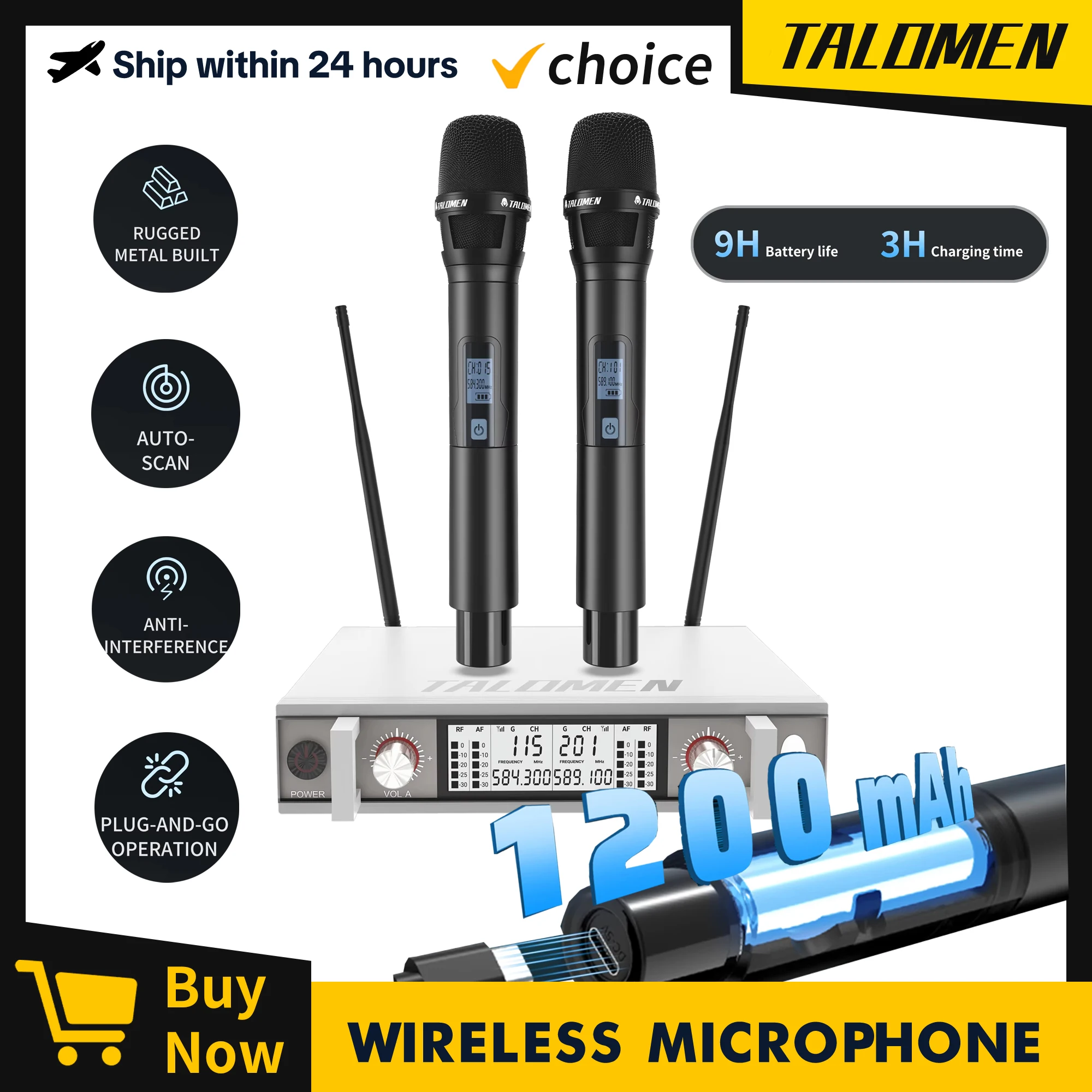 TALOMEN UHF Handheld Microphones Wireless Microphone System Metal Cordless Dynamic Mic SetAuto Scan Dual Channel Receiver