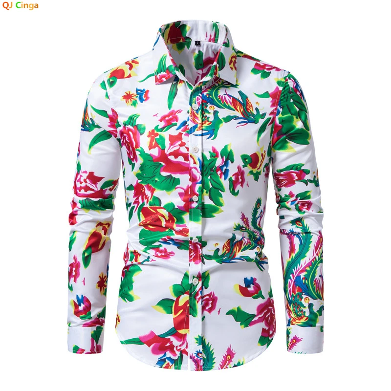 White Men Long-sleeved Printed Shirts, Square Collar Single-breasted Shirt, Fashion Casual Tops Red Green Can Be Selected Camisa