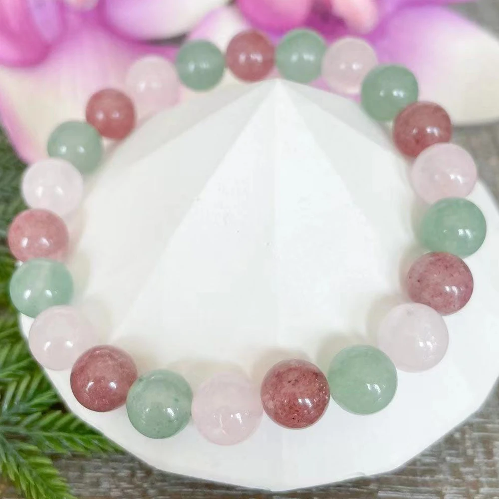 Ruberthen 8 MM Strawberry Quartz Green Aventurine Madagascar Rose Quartz Bracelet Womens Chakra Wrist Mala Yoga Jewelry