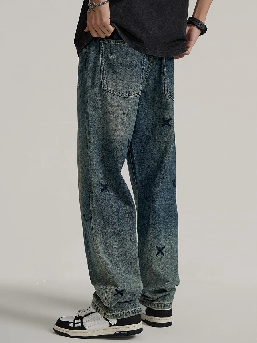 

American High Street Embroidered Jeans Men's Autumn Winter Waed Vintage Loose Casual Straight Leg Trendy Brand Haome Str...