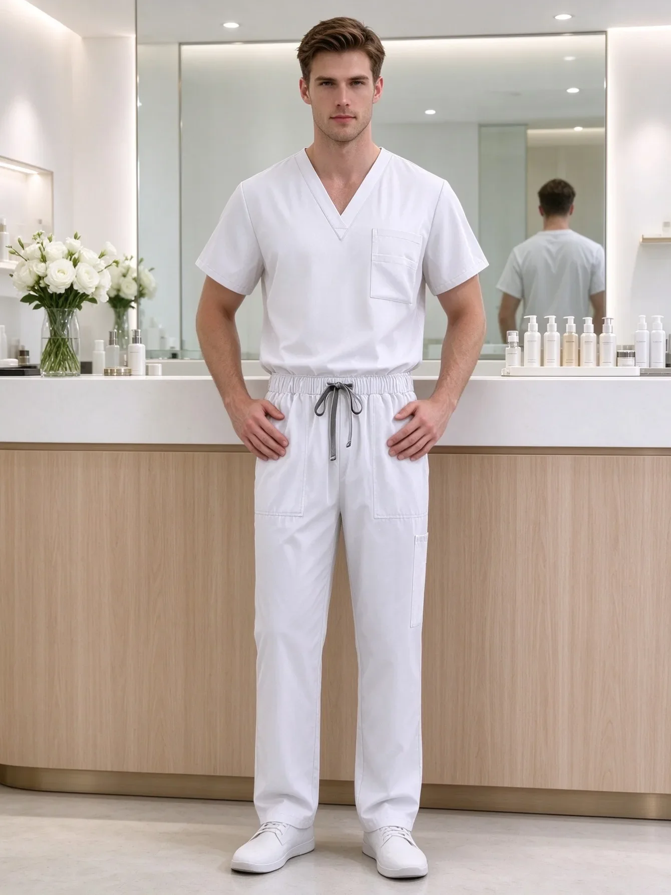 Nurse Beauty Salon Work Scrub Set Multi Pocket Quick Dry Polyester Uniform