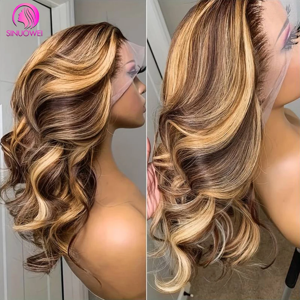 180% Colored Highlight Body Wave 13x6 Lace Front Human Hair Wigs 32 34 Inch Honey Blonde Water Wave Frontal Wig Extensions