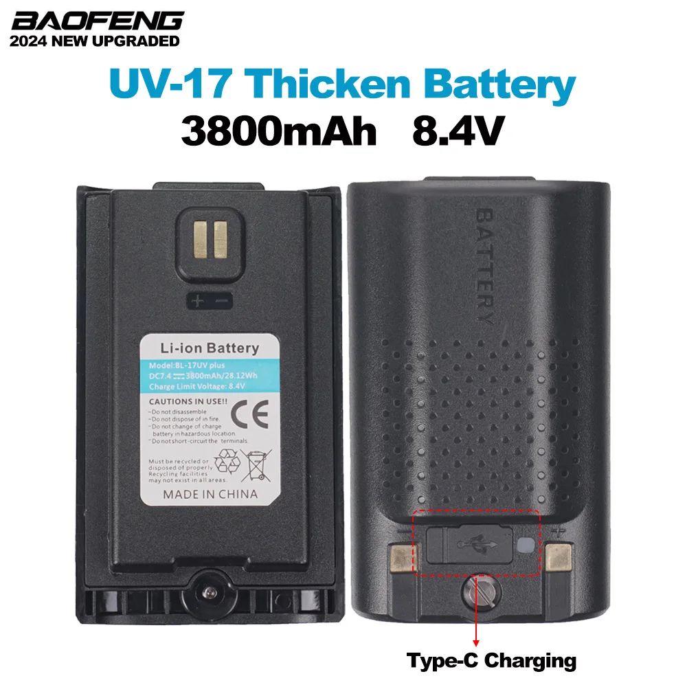 

BAOFENG UV-17 Walkie Talkie Upgraded Thicken Li-ion Battery 3800mAh 8.4V Type-C Charging For UV17 Plus/Pro/Max Two Way Radios