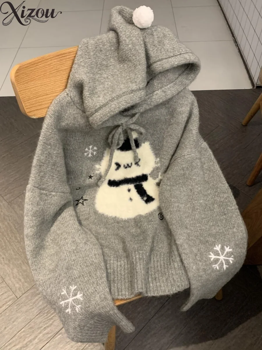 

Kawaii Women Hooded Knitted Sweater Plush Snowman Pom-pom Hood Snowflake Loose Y2k Christmas Sweater 2025 Autumn Winter Cartoon
