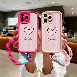 Fashion Smile Pink Love Heart Soft Lanyard Rope Phone Case For iPhone 15 14 13 12 11 16 Pro Max X XS XR 7 Plus Shockproof Cover