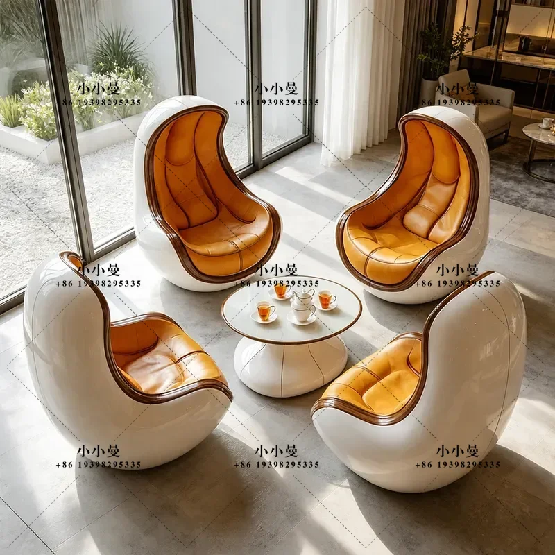 Modern Light Luxury Fiberglass Eggshell Leisure Chair with Soft Leather Cushion for Hotel Lobby Clubhouse Reception Area