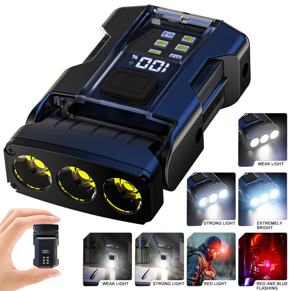 Сверхяркий фонарик COB+SMD LED с зарядкой через USB Type-C, аварийный фонарь для кемпинга, 800 мАч, мощный, с поворотным креплением на кепку.