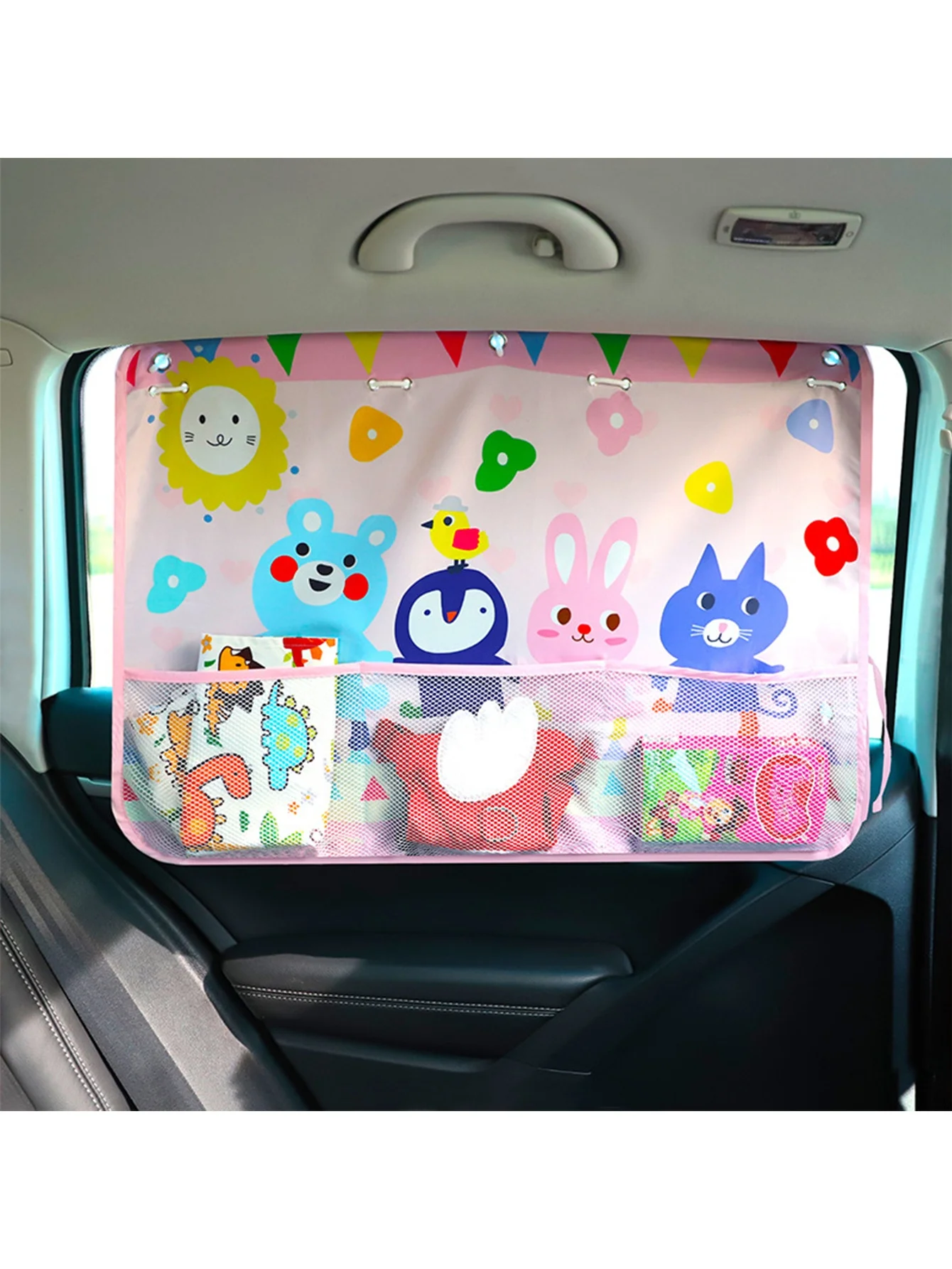 Car Sunshade with Mesh Pocket Storage Sun Protection Storage Bag Baby Sun Protection Sun Shade Retractable Heat Shield