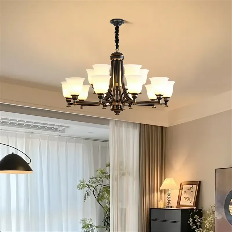 Vintage Black Metal Chandelier with Glass Shade Industrial Ceiling Light Fixture for Living Room Bedroom Dining Room Villa