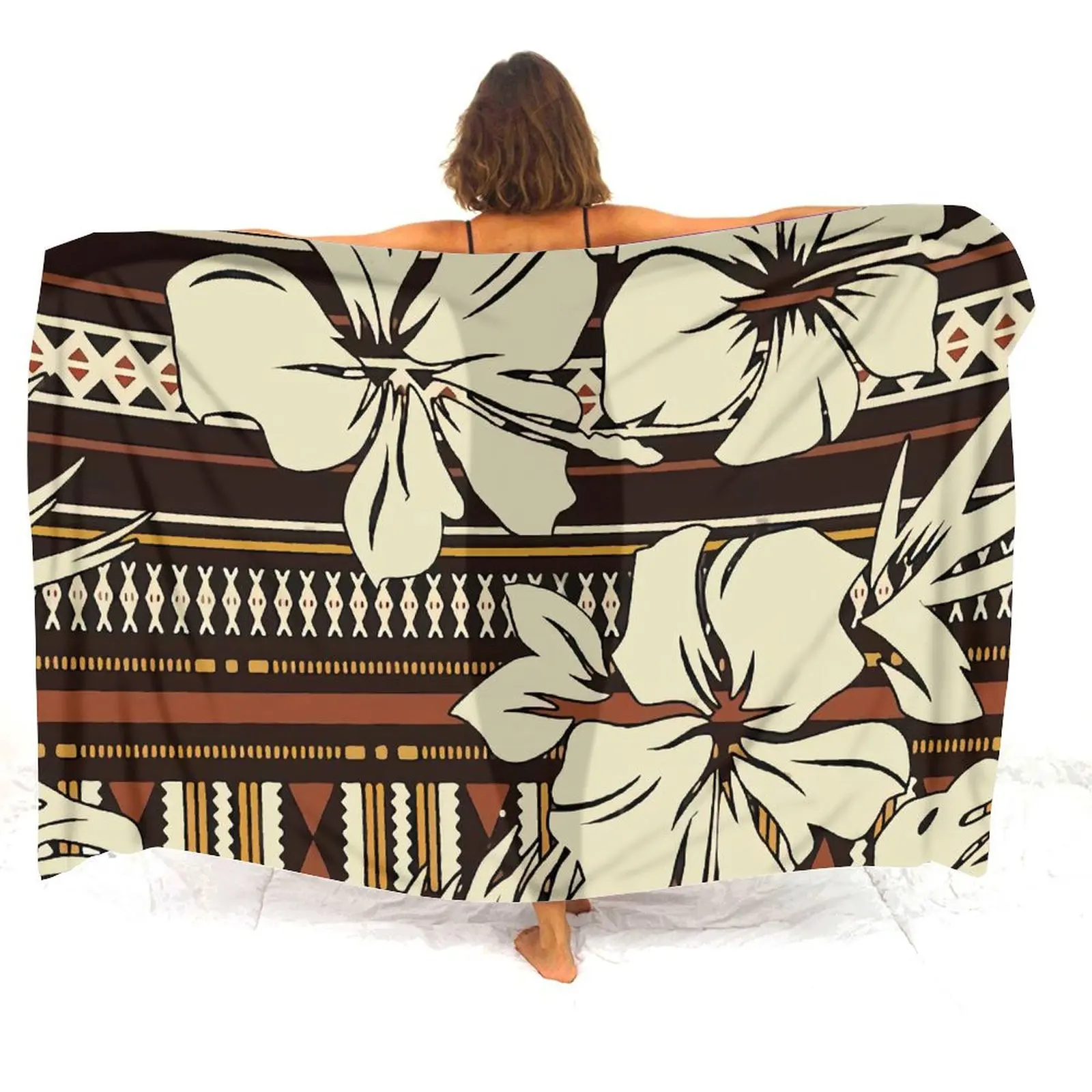 Tropical Seaside Sarong Soft Comfort Shawl Floral Print Custom Polynesian Ladies One-Piece Coat Beach Apron Retro Tribal Design