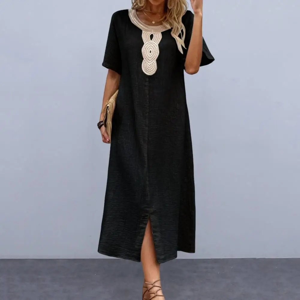 

Summer Women Dress Short Sleeves Split Hem O Neck Loose Retro Bohemian Straight Casual Breathable Casual Vacation Midi Dress