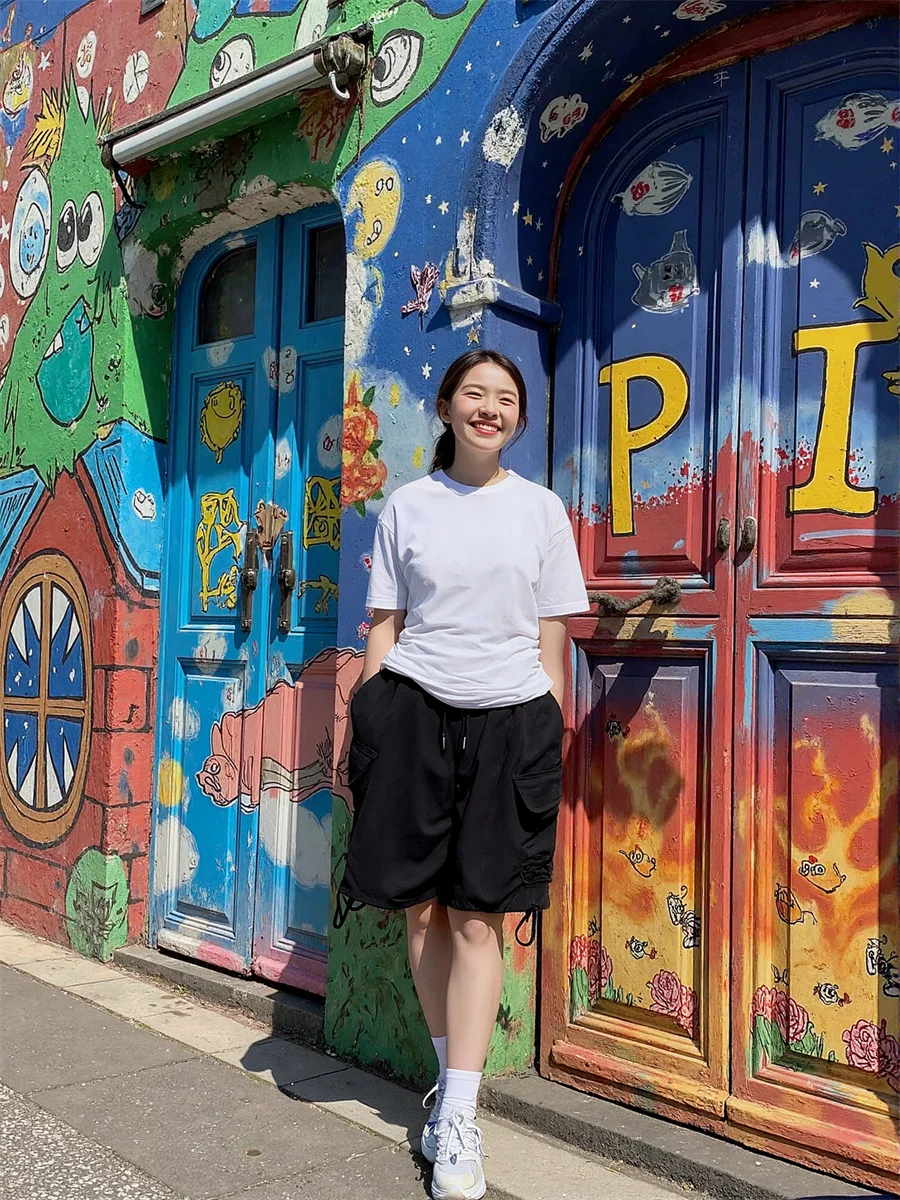 Shorts mit weitem Bein und mehreren Taschen für Damen, Vintage-Stil, Grunge, Gothic, Punk, Schwarz, modisch, Emo, japanische Y2K-Hotpants, Sommer, Straße, trendig